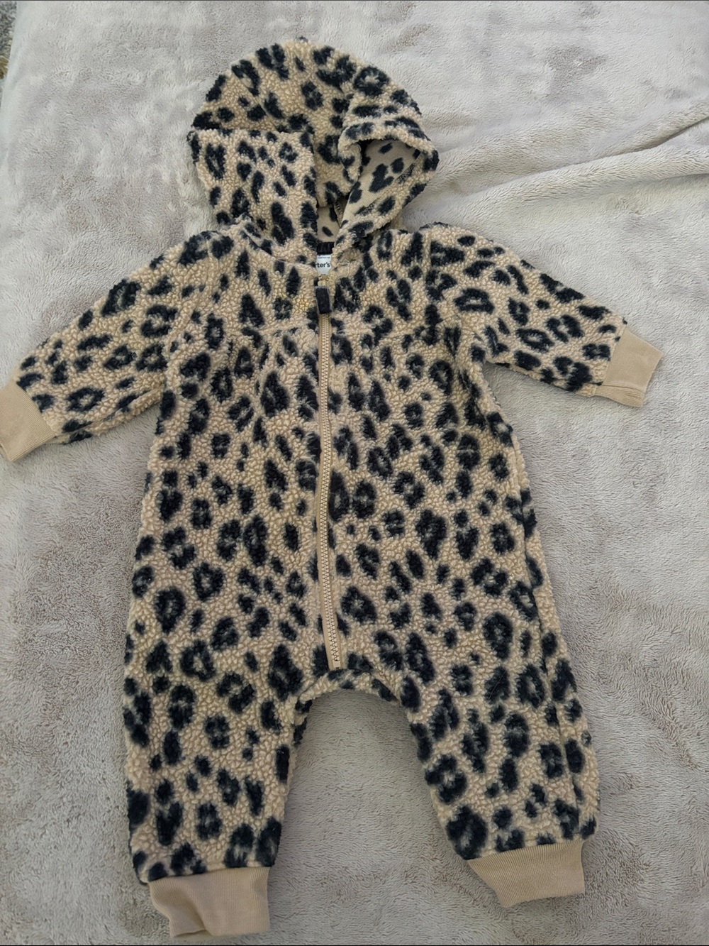 Leopard Print Hooded One-Piece Jumpsuit - Beige/Black